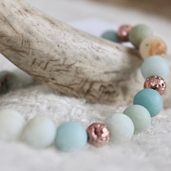 Amazonite Rose Gold Lava Bead Gemstone Chakra Balancing Energy Bracelet - Picture 1 of 3